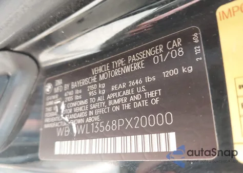 2008 BMW 328I из США, поврежденный, VIN WBAWL13568PX20000